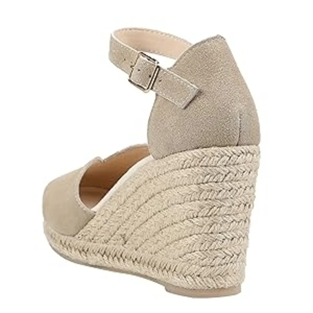 Tonivis Women's Leather Beige Ankle Strap Wedge Espadrilles Size 7.5